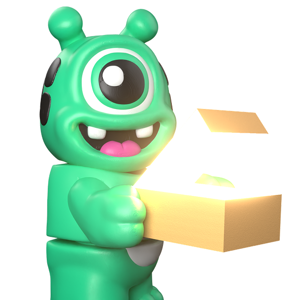 Green cartoon character holding a yellow box on a white background